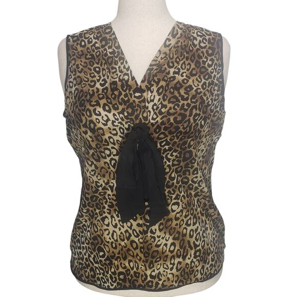 VTG Alfani Silk Leopard Print Sleeveless Top Bow Trim Womens 14 Business Casual - Picture 1 of 8